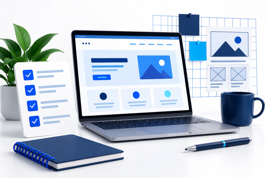 Small business website planning checklist on a laptop